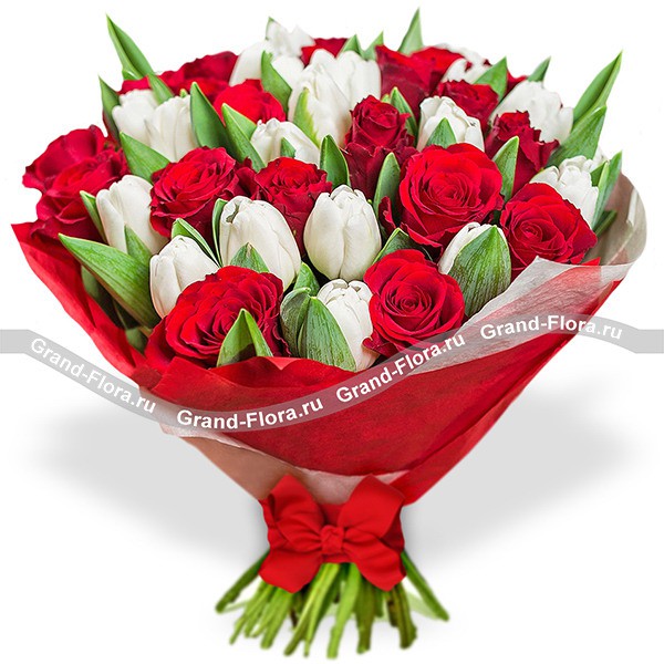 Подари ей весну - букет из белых тюльпанов и красных роз